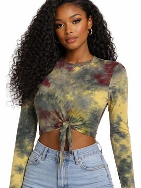 Jasmine Tie-Front Long Sleeve Tie-Dye Crop Top - Olive/Yellow/Burgundy Size